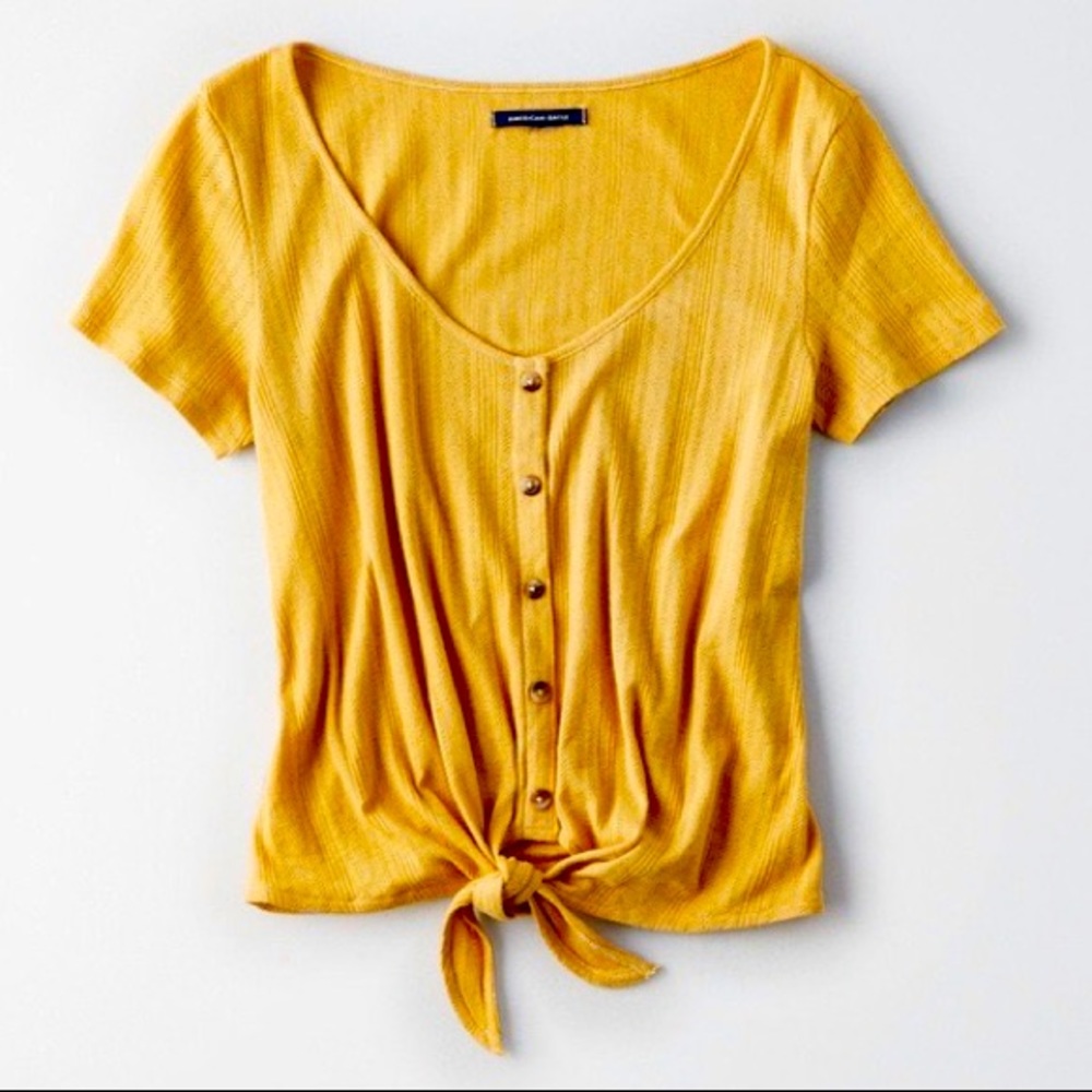 American Eagle Yellow Crop Button Tee with Tie